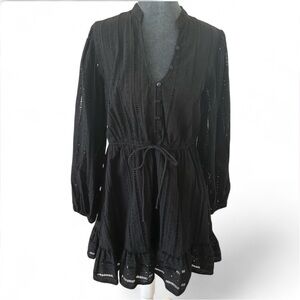 Black Eyelet Tie-Waist Long Sleeve Mini Dress